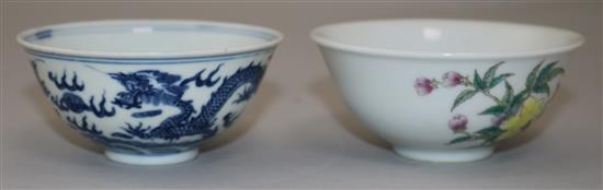 A Chinese blue and white dragon bowl and a Chinese famille rose crickets and flowers bowl, 9.2cm and 9.7cm